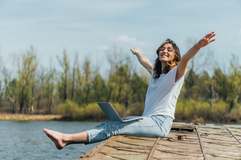 cheerful woman outstretched hands