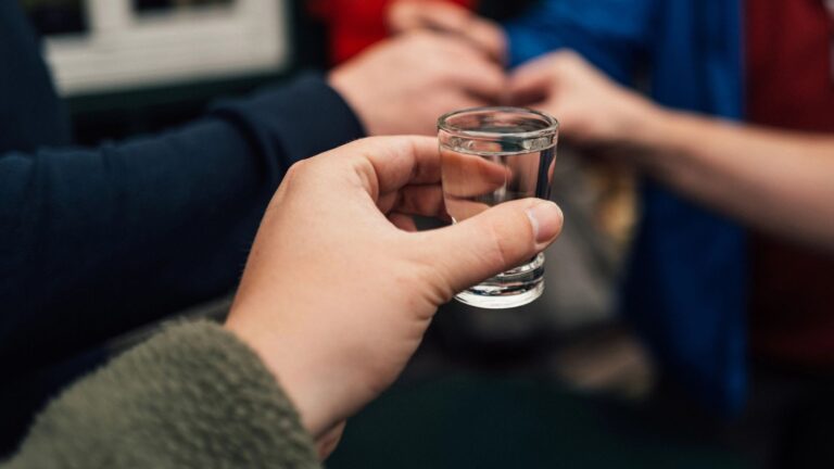 Close up view of people with alcohol drink