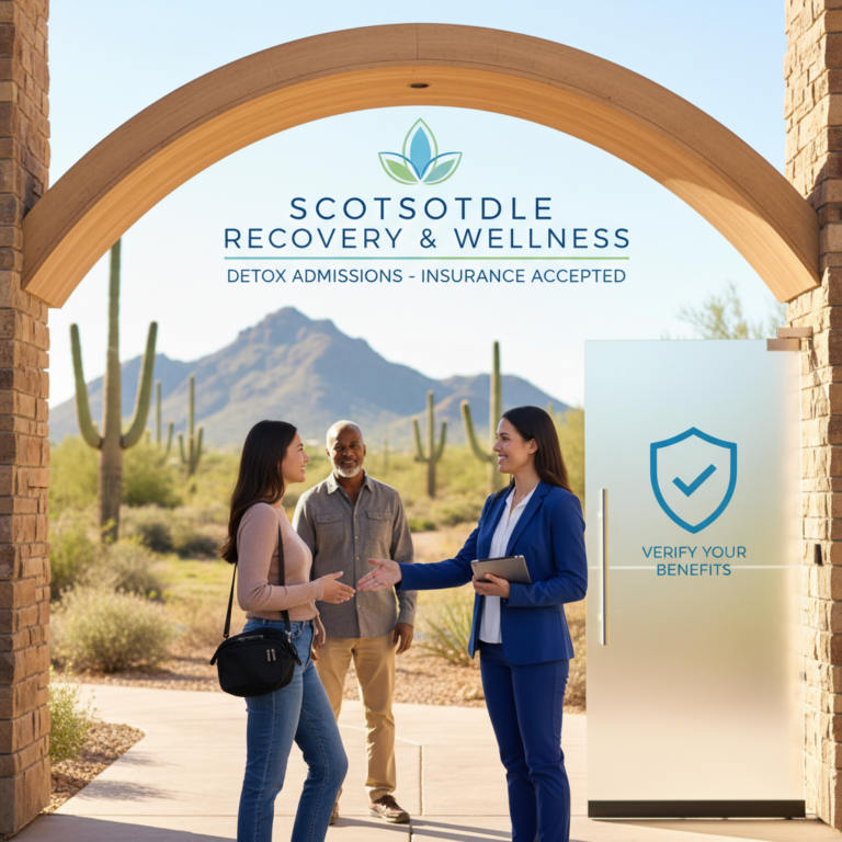 Scottsdale Recovery & Wellness entrance with staff assisting clients, detox admissions and insurance accepted.